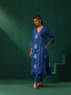 trueBrowns Royal Blue Floral Viscose Silk Angrakha Kurta Pant Set | Grocsy