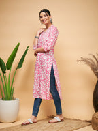 InWeave Women's Pink Foil White Print Angrakha Stright Kurta | Grocsy