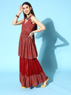 InWeave Women's Maroon Bandhani Net Sharara Set With Dupatta | Grocsy