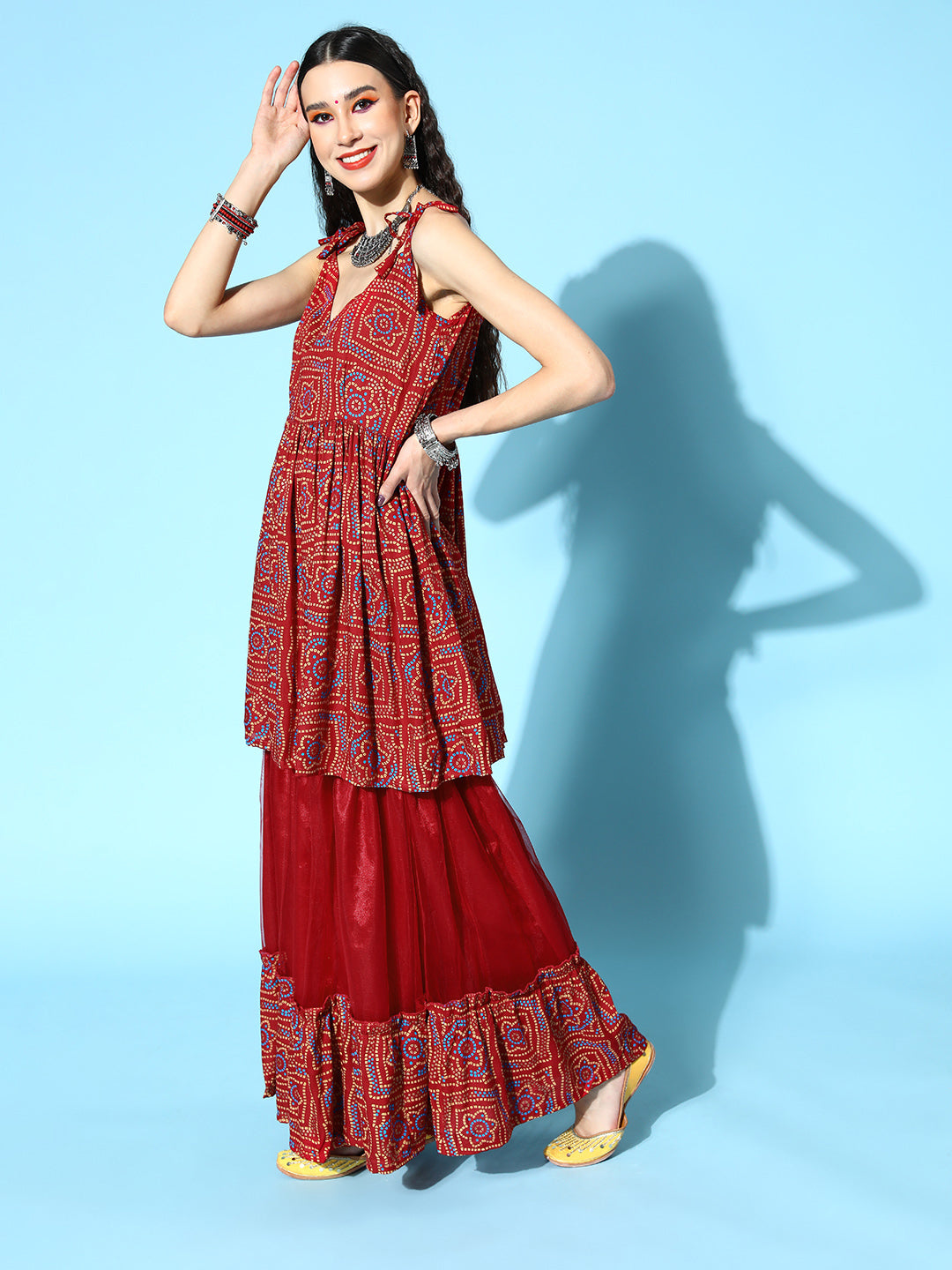 InWeave Women's Maroon Bandhani Net Sharara Set With Dupatta | Grocsy