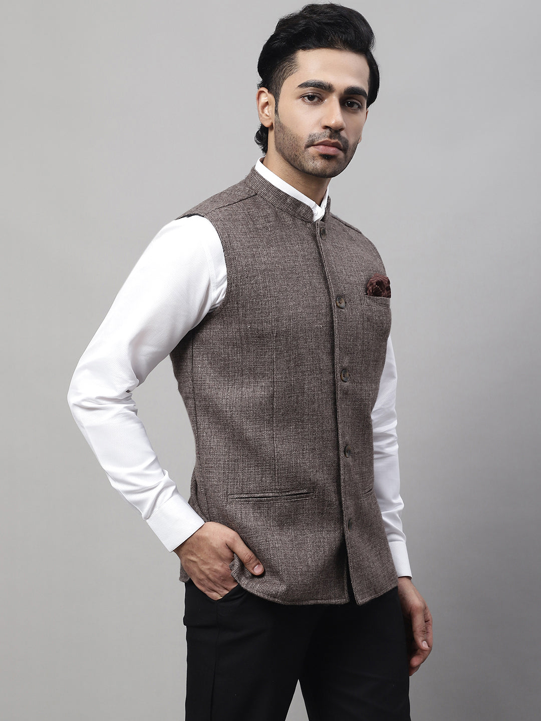 Even Apparels Men's Brown Nehru Jacket With Welt Pockets | Grocsy