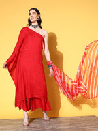 InWeave Women's Red Mirror Work One Shoulder Kurta Set With Dupatta | Grocsy
