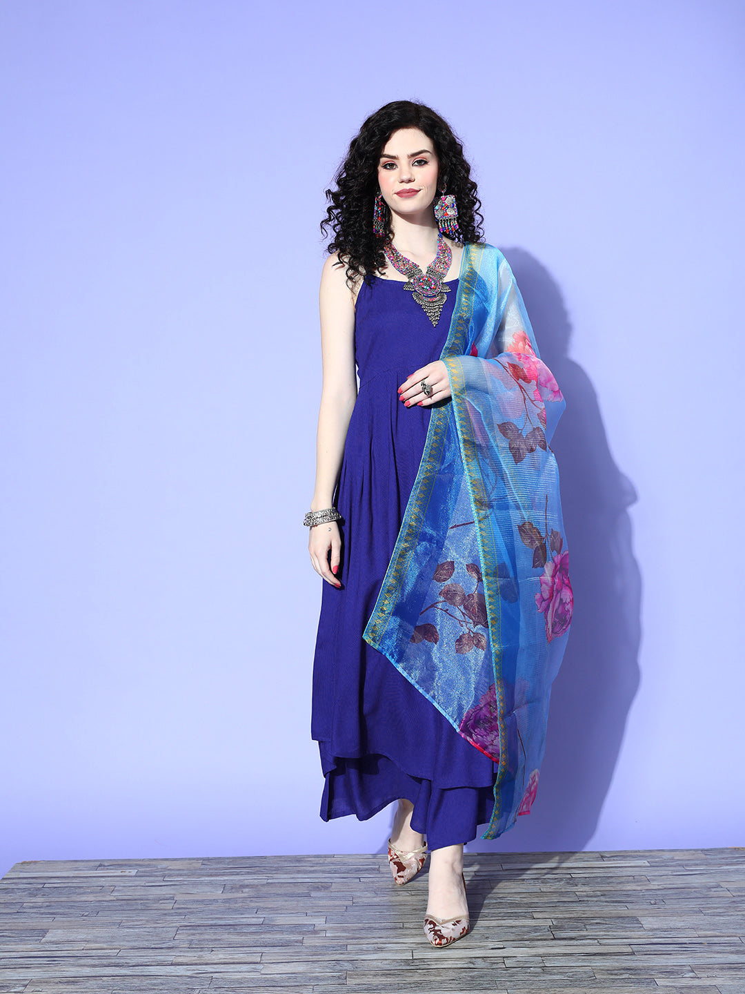 InWeave Women's Strappy Set In Ink Blue With Blue  Fuschia Floral Organza Dupatta | Grocsy