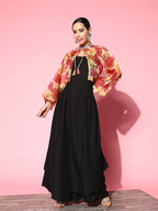 InWeave Women's Black Strappy Set With Red Pink Floral Short Organza Cape | Grocsy