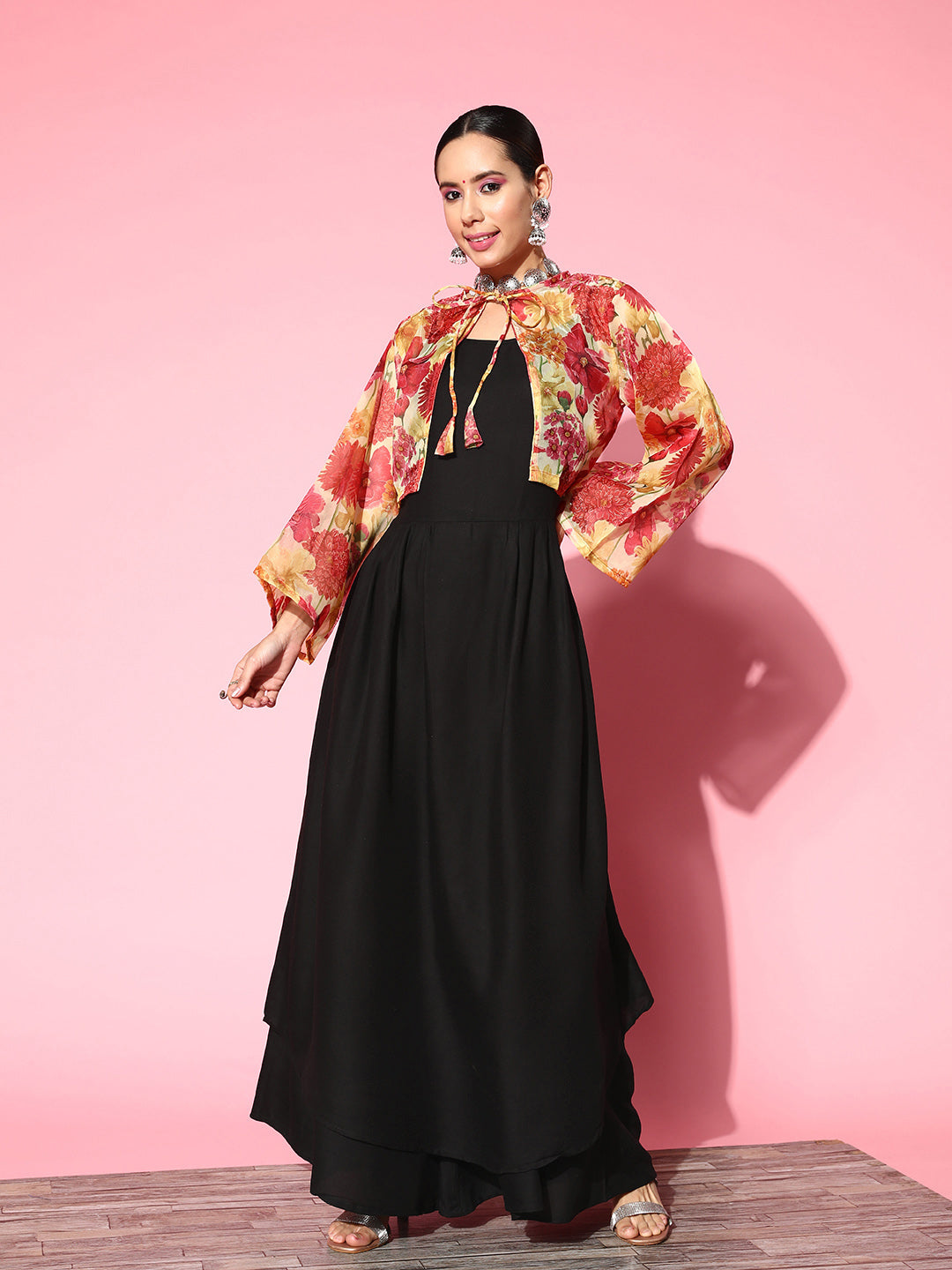 InWeave Women's Black Strappy Set With Red Pink Floral Short Organza Cape | Grocsy
