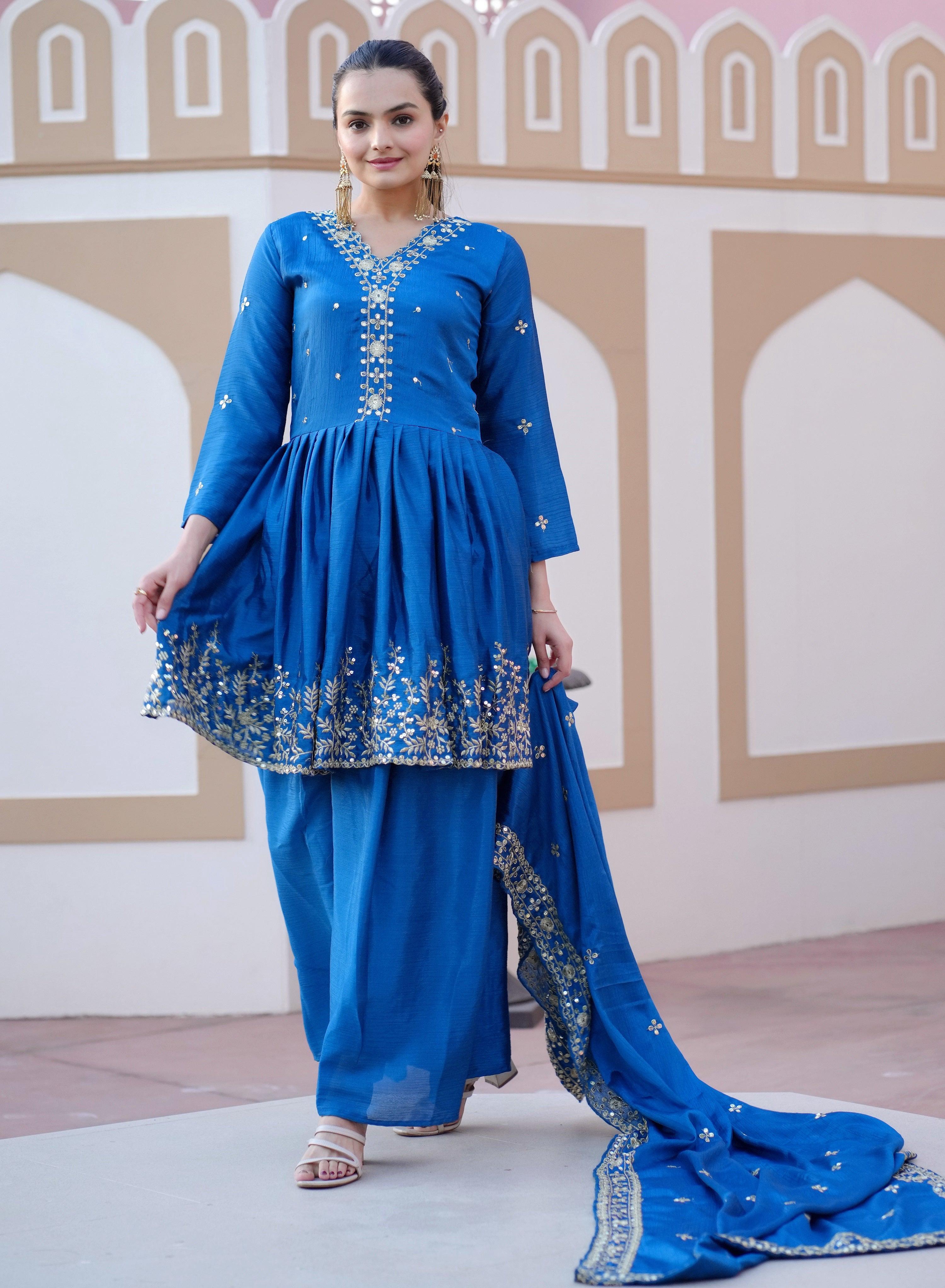 Yash Enterprise Glorious Blue Chinon Silk Embroidery Work Readymade Salwar Suit | Grocsy