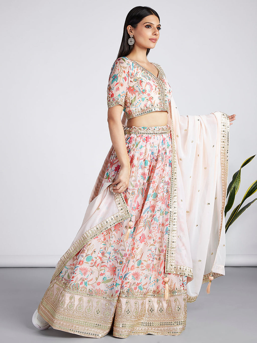 House of Panchhi Cream Colour Organza Floral Design Digital Print Lehenga Choli & Dupatta | Grocsy