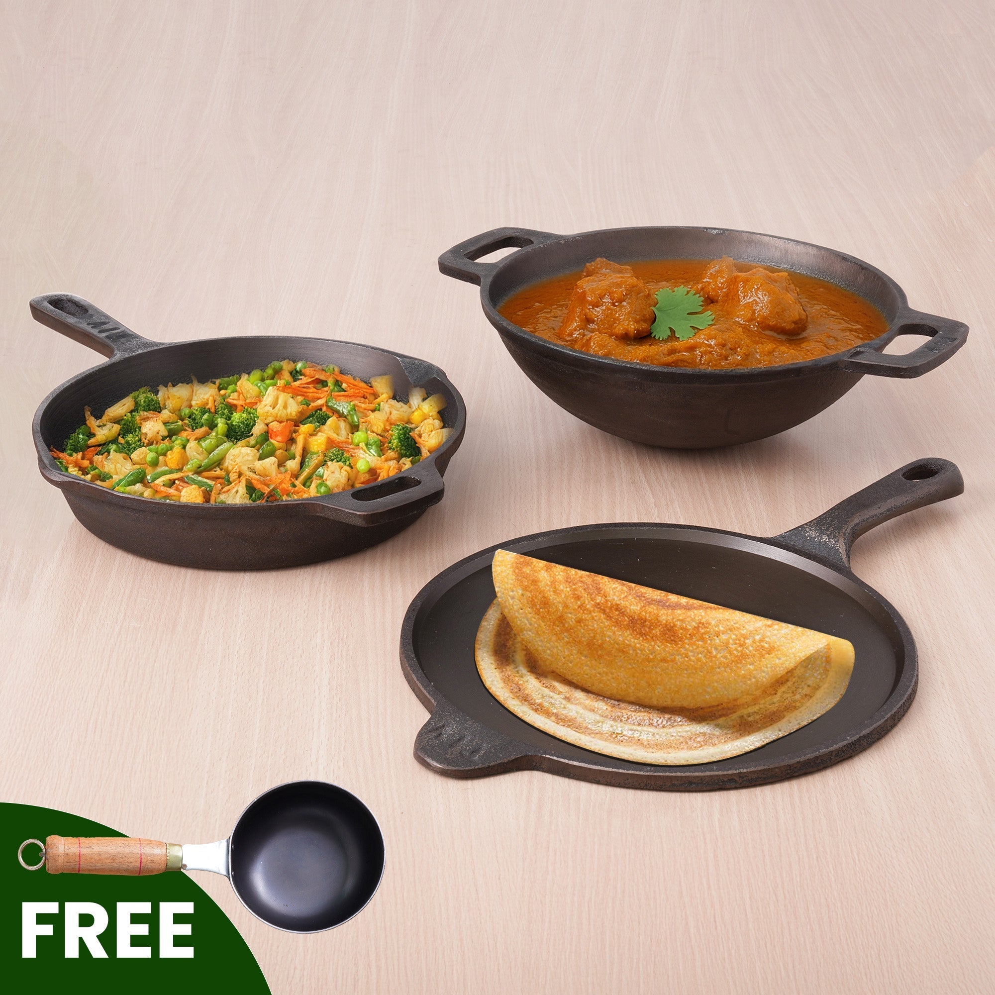 The Indus Valley Super Smooth Cast Iron Set: Kadai+ Tawa+ Frypan, Kitchen set for Home, Nonstick, 100% Pure, Toxin-free, Tadka Pan | Grocsy