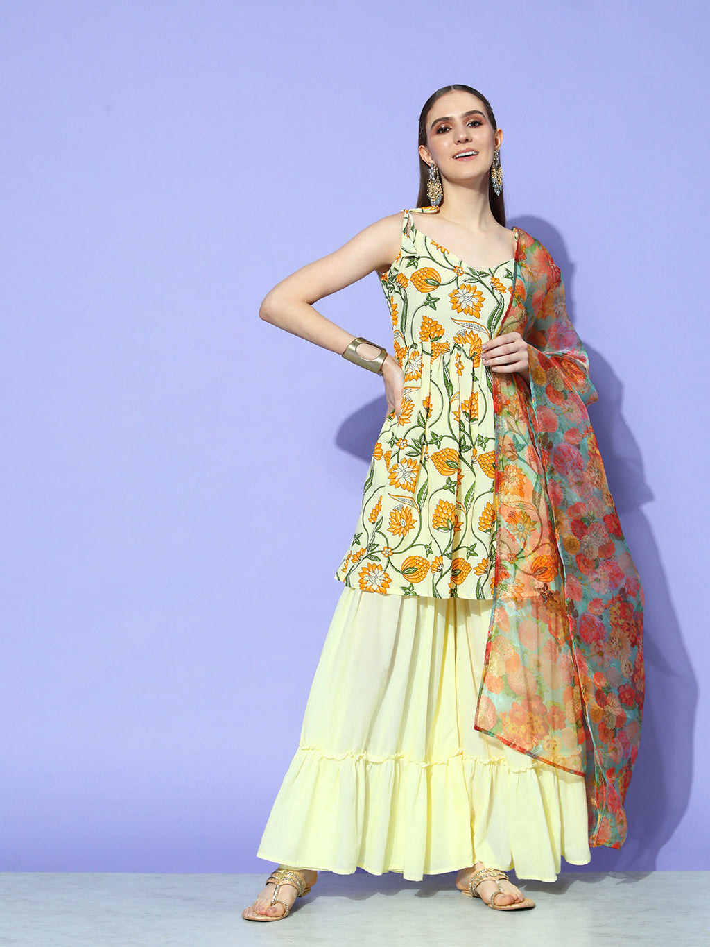 InWeave Women's Off White Yellow Floral Print Tie Up Kurta Sharara Set With Dupatta | Grocsy