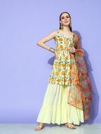 InWeave Women's Off White Yellow Floral Print Tie Up Kurta Sharara Set With Dupatta | Grocsy