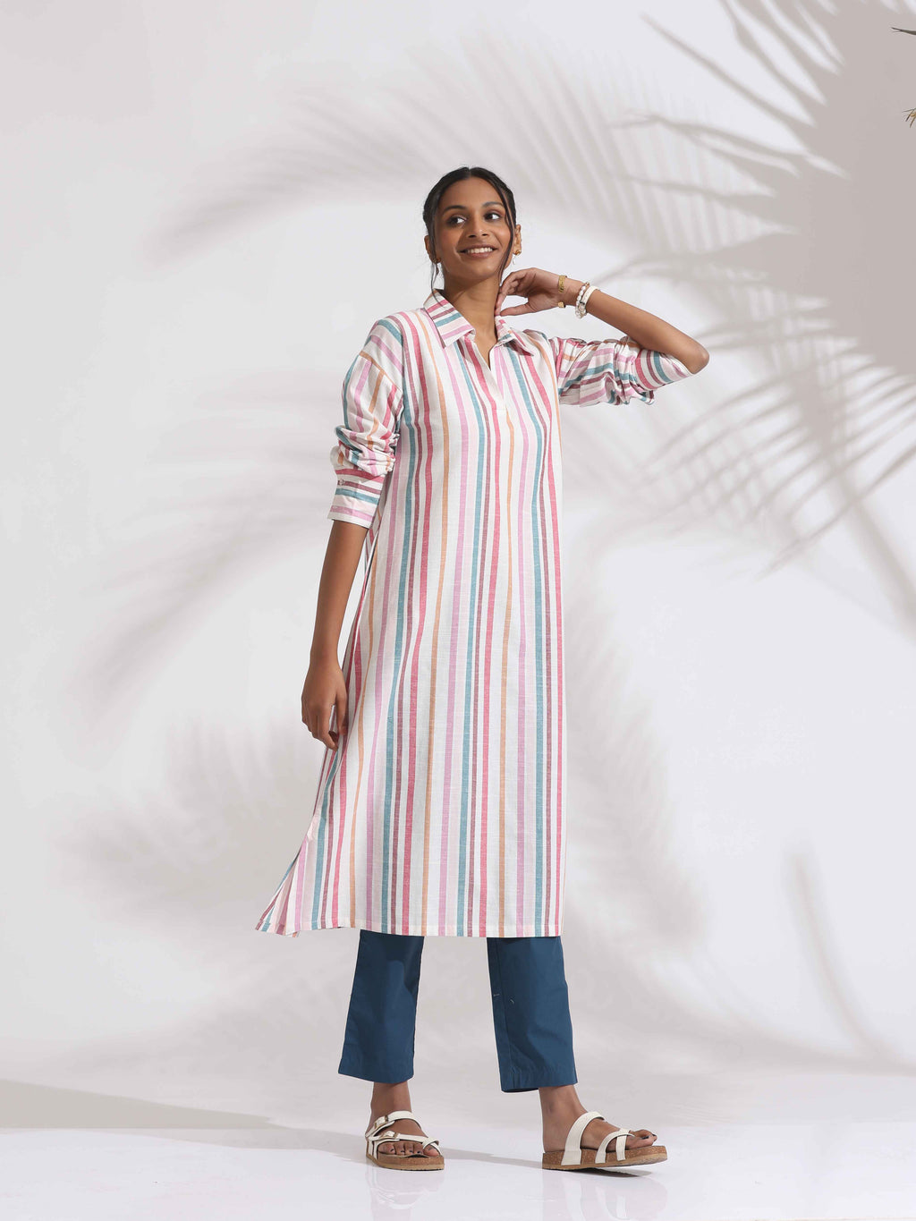 trueBrowns Off-White Cotton Multi Stripe A-line Kurta Set | Grocsy