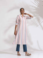 trueBrowns Off-White Cotton Multi Stripe A-line Kurta Set | Grocsy