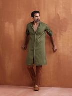 trueBrowns Men's Olive Green Cotton Front Open Kurta | Grocsy