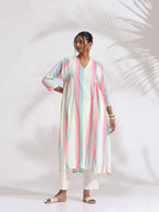 trueBrowns Off-White Cotton Multi Stripe Flared Kurta Set | Grocsy