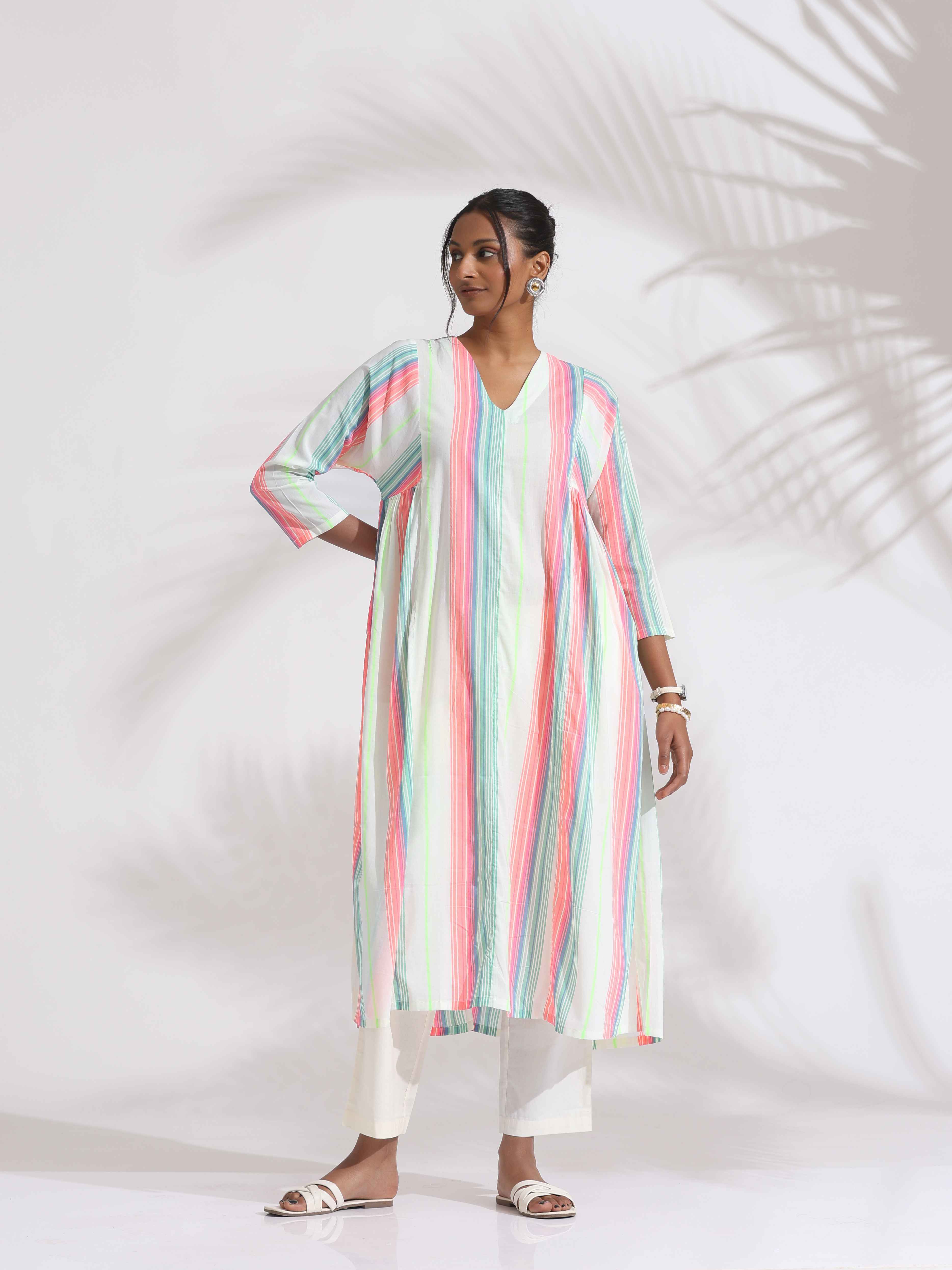trueBrowns Off-White Cotton Multi Stripe Flared Kurta Set | Grocsy