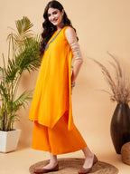 InWeave Women's Tangy Orange Short Kurta Palazzo Set | Grocsy