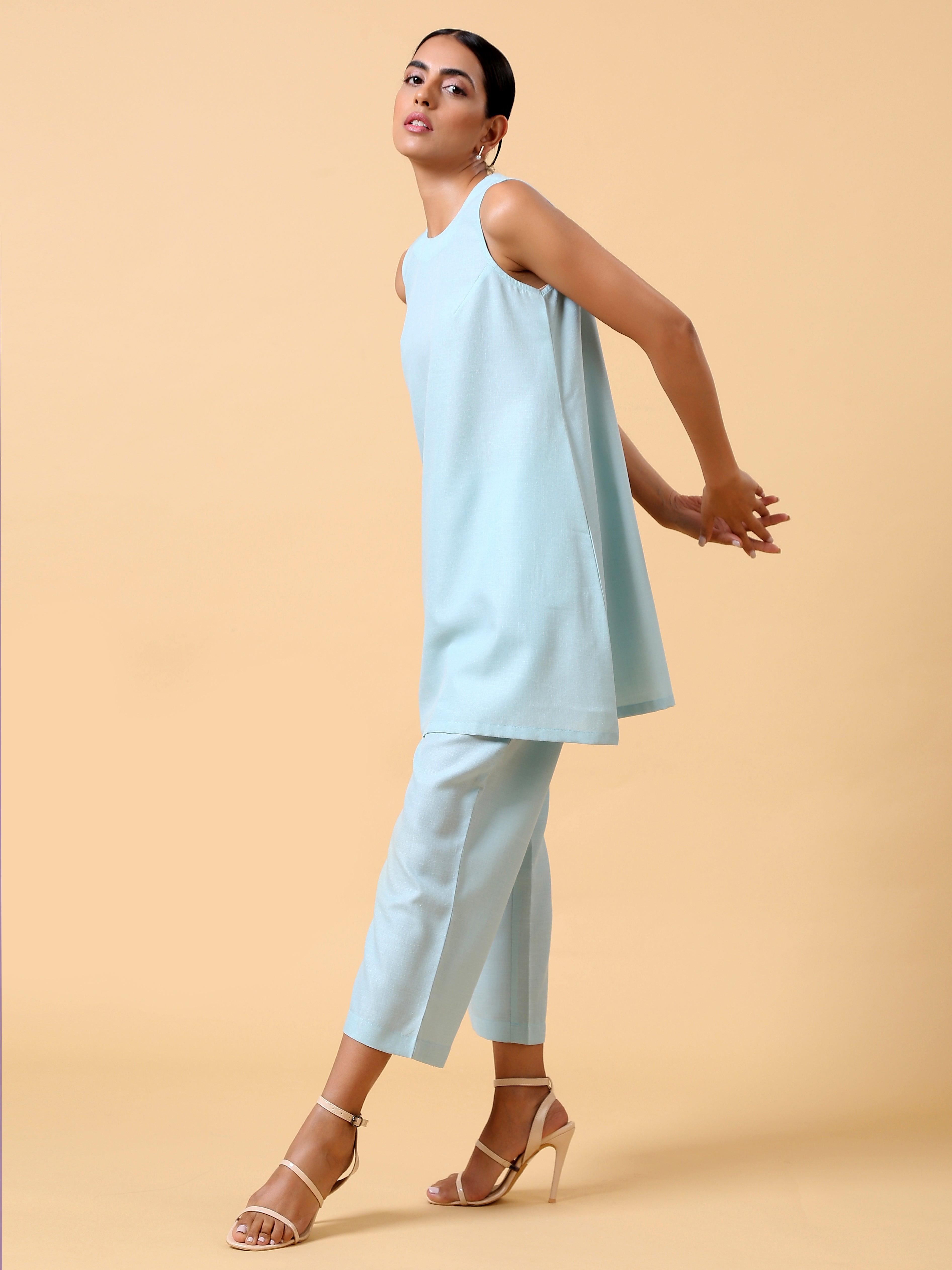 trueBrowns Cotton Linen Light Blue Sleeveless Co-Ord Set | Grocsy