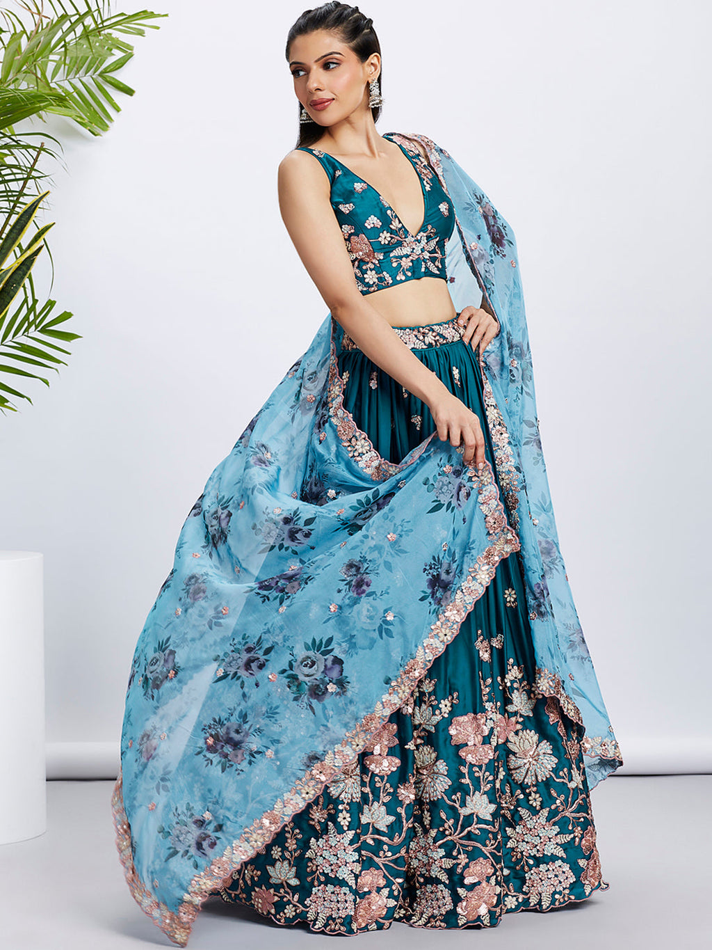 House of Panchhi Olive Pure Georgette Sequins And Thread Embroidery Lehenga Choli & Dupatta | Grocsy