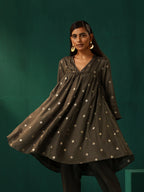 trueBrowns Grey Diamond Viscose Silk Yoke Gathered Co-ord Set | Grocsy