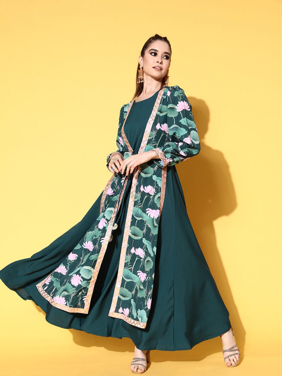 Ahalyaa Green Crepe Puff Sleeves Floral Printed Maxi Ethnic Dress with Waist Tie-Ups | Grocsy