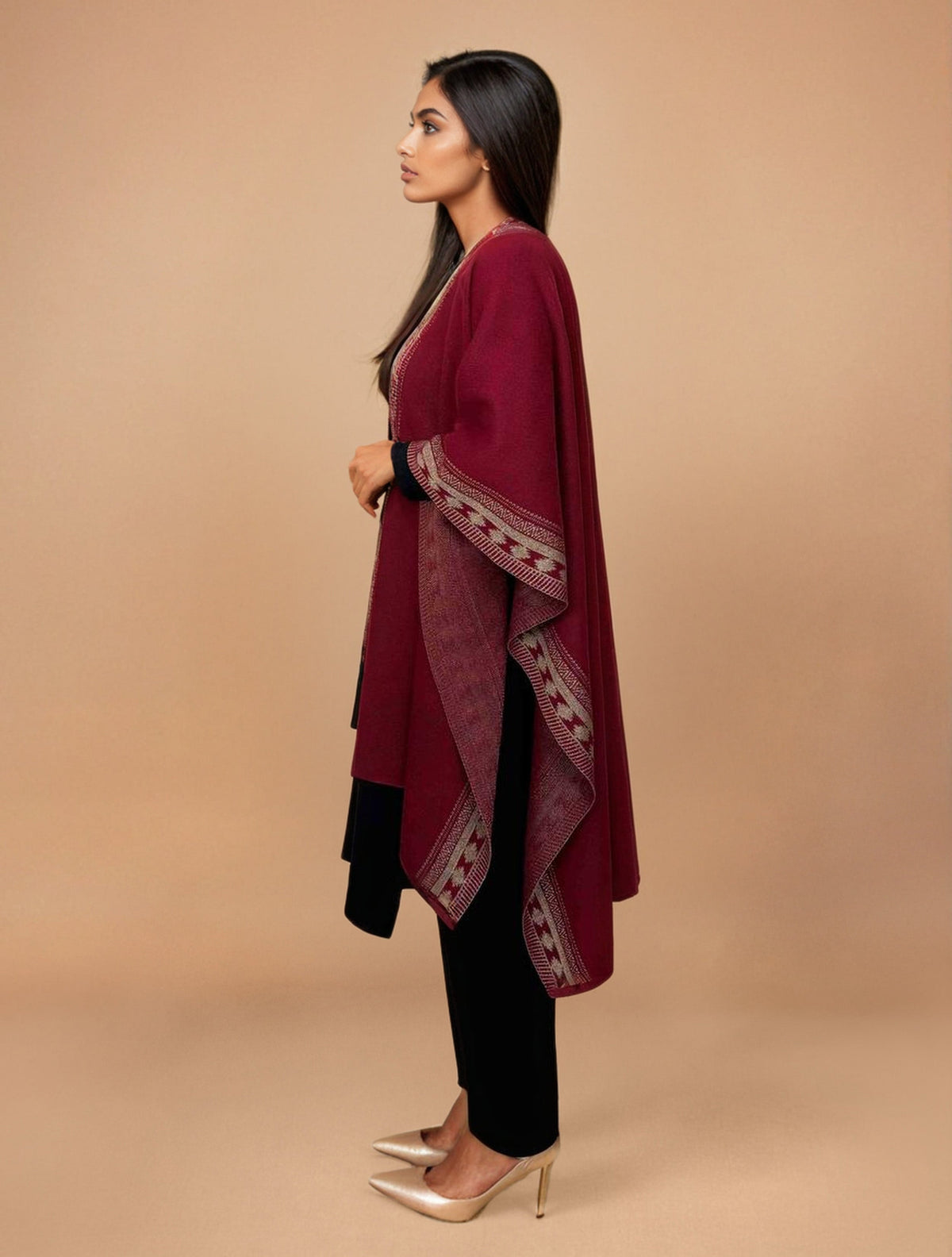 trueBrowns Maroon Woollen Geometric Kaftan Cape | Grocsy