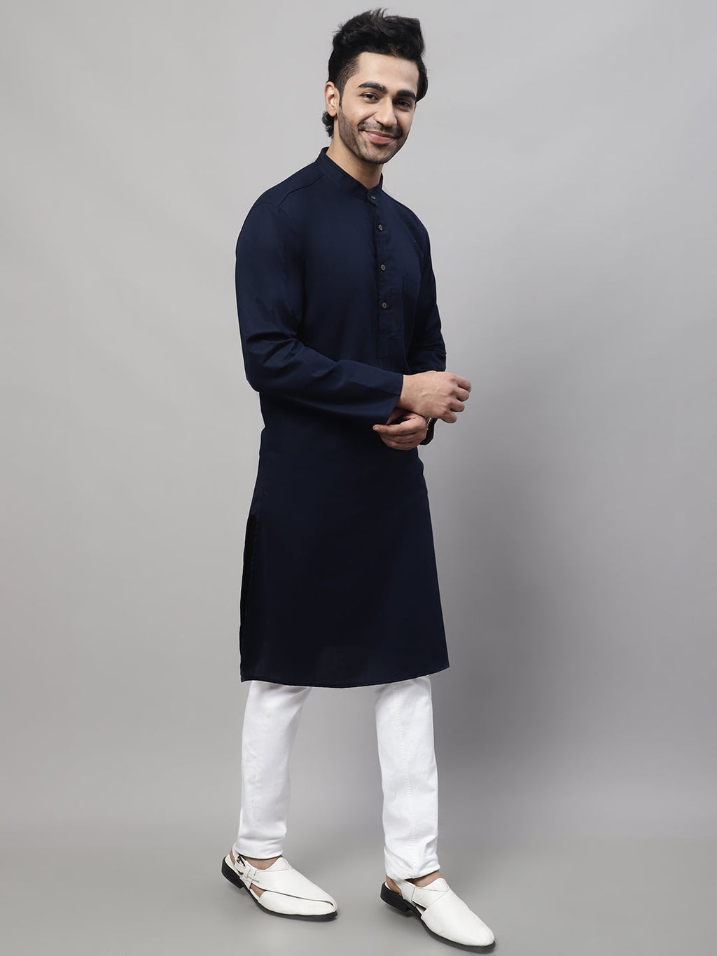Even Apparels Blue Pure Cotton Kurta With Band Collar | Grocsy