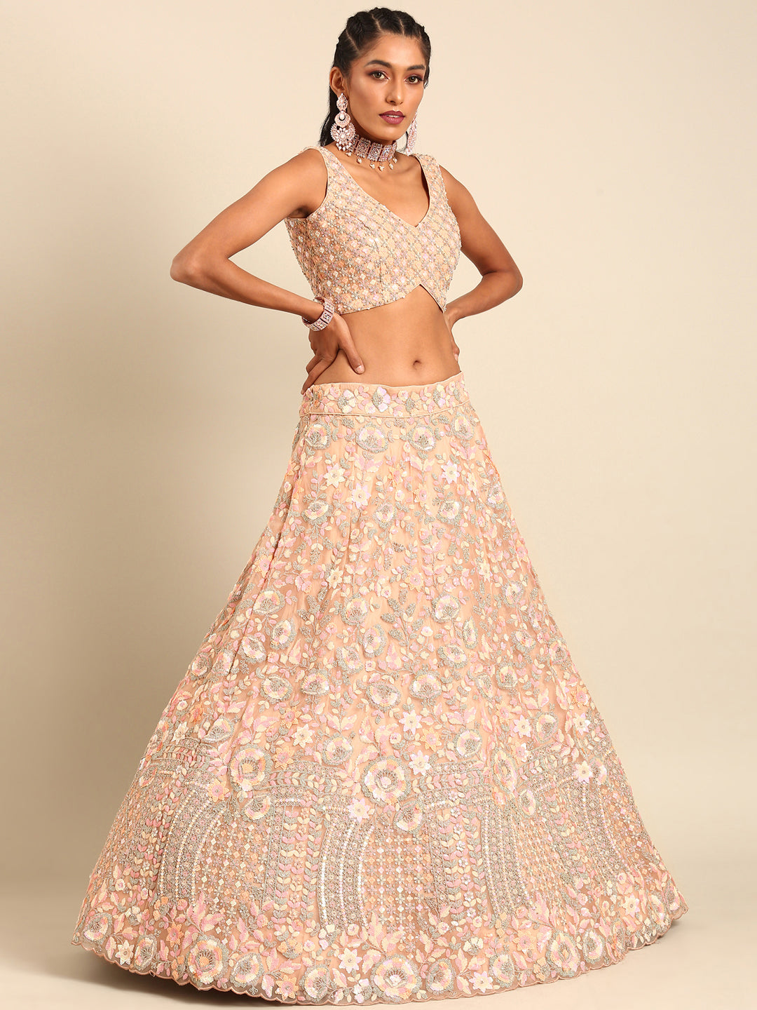 House of Panchhi Peach Net Multi Sequins with heavy Zarkan embroidery Lehenga choli & Dupatta | Grocsy