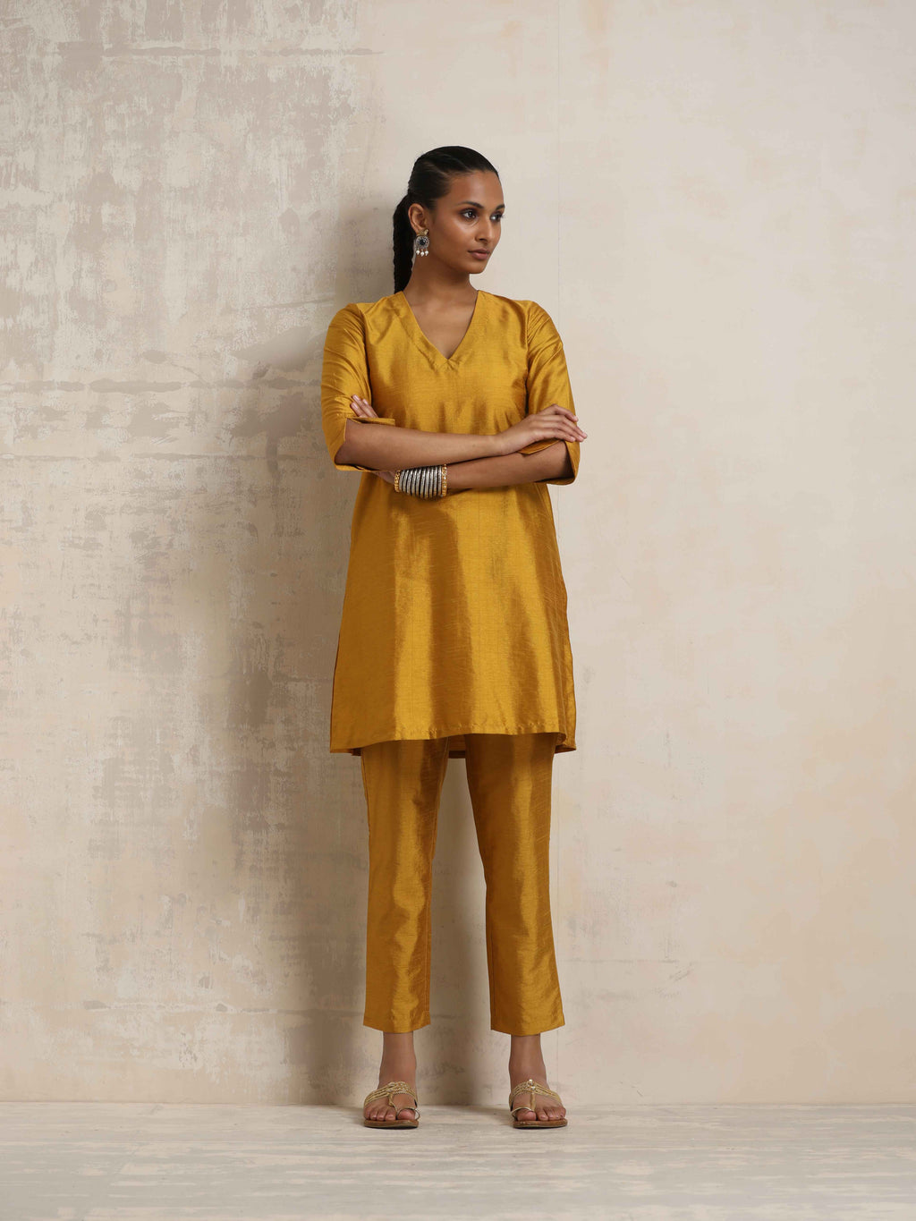 trueBrowns Gold Silk Kurta Co-ord Set | Grocsy