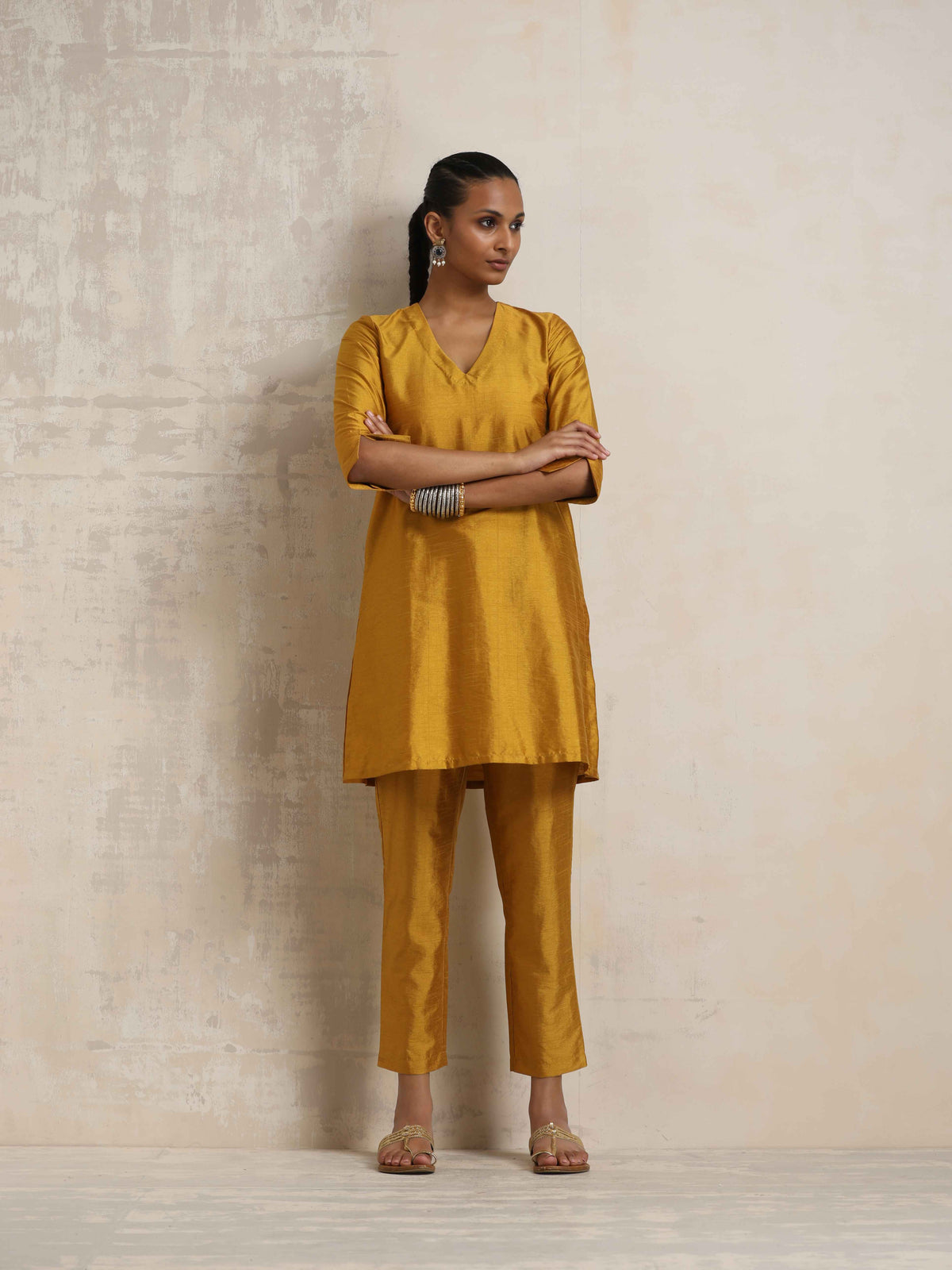trueBrowns Gold Silk Kurta Co-ord Set | Grocsy
