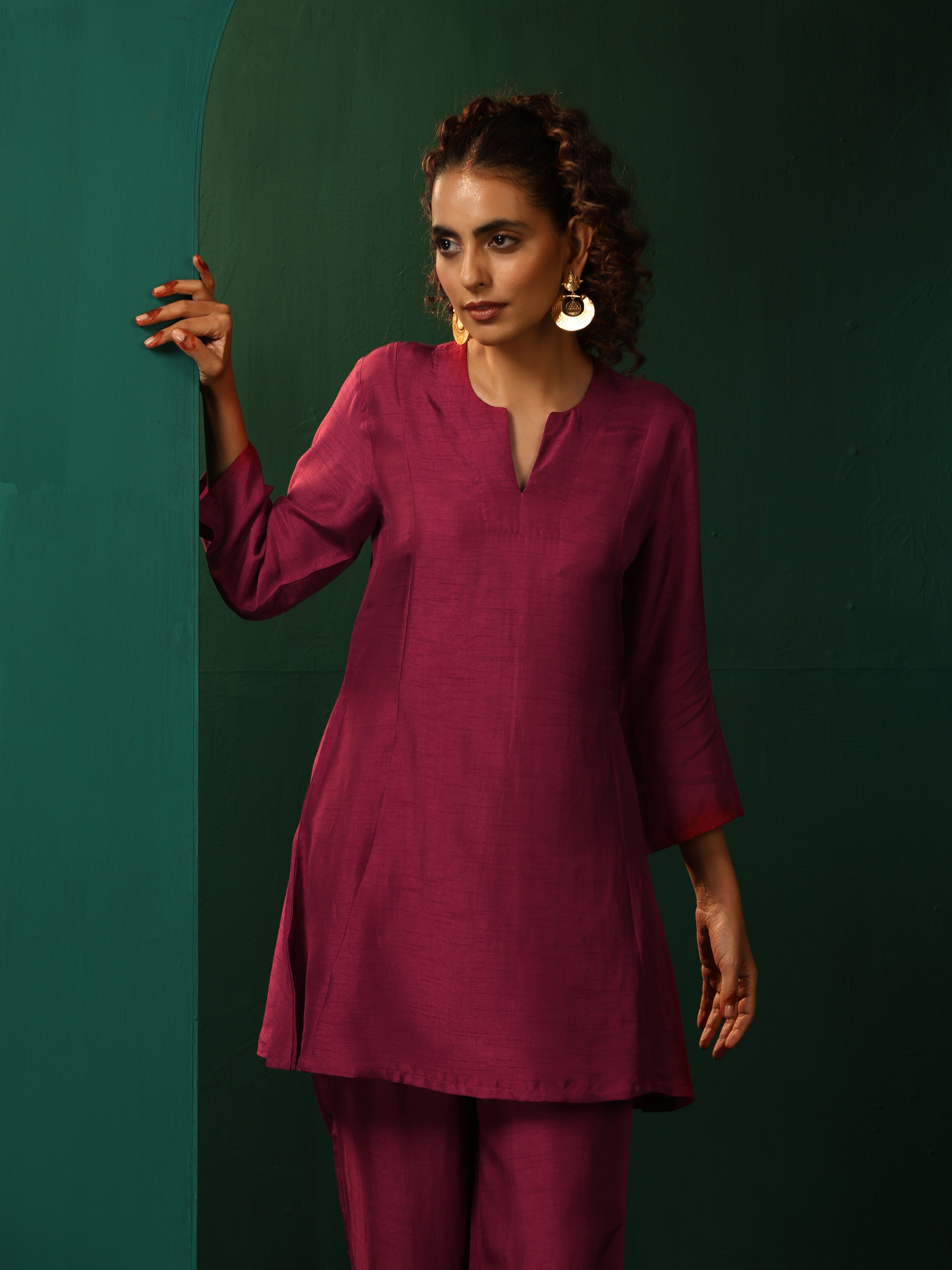 trueBrowns Maroon Silk Relaxed Co-ord Set | Grocsy