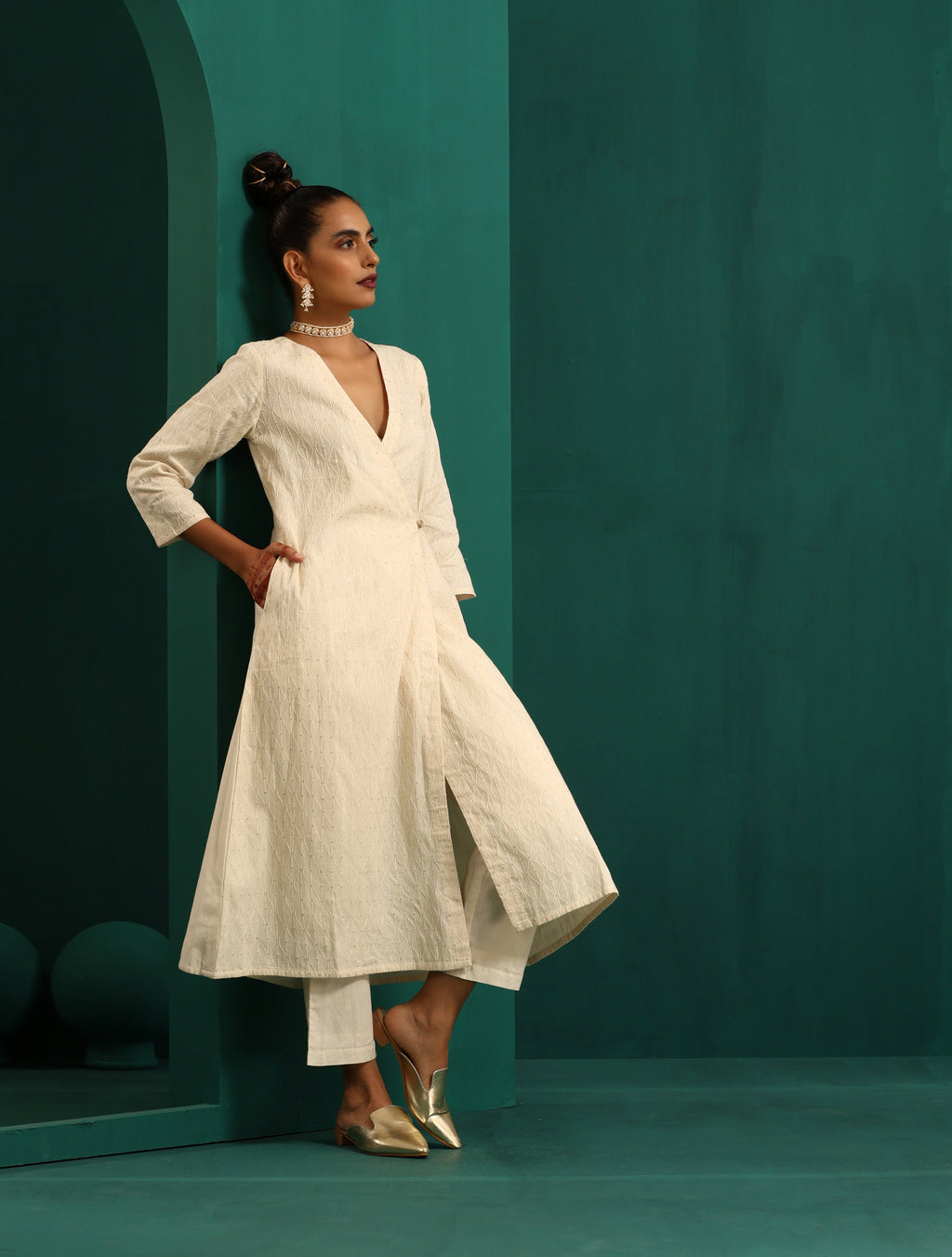 trueBrowns Ivory Tonal Cotton Angrakha Kurta Pant Set | Grocsy