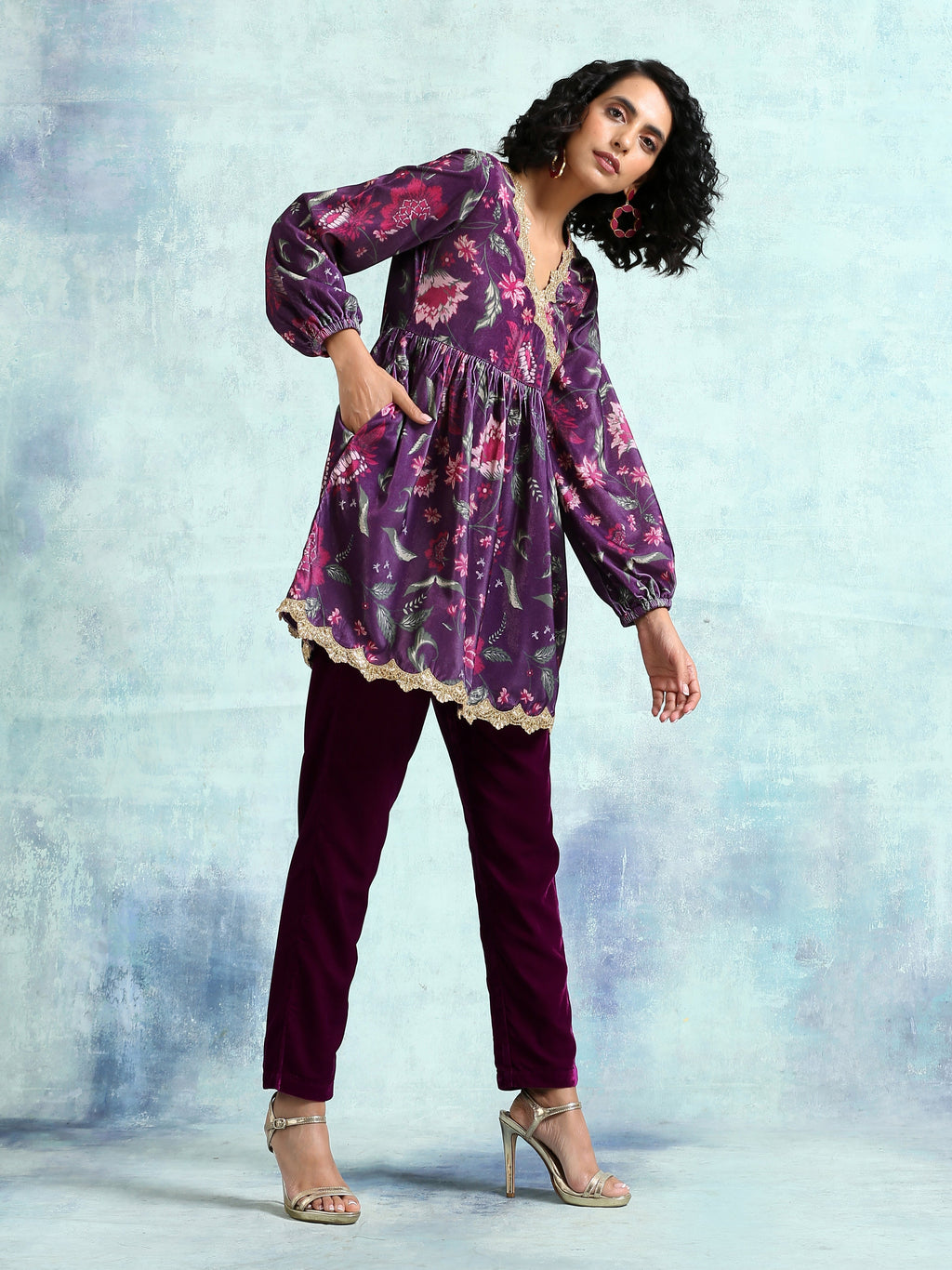 trueBrowns Wine Printed Velvet Lace Co-Ord Set | Grocsy