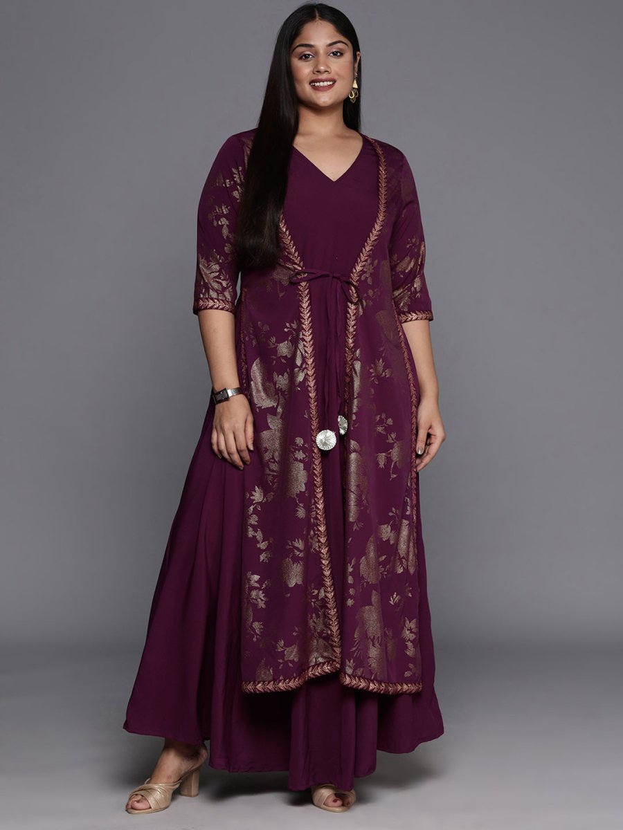 Ahalyaa Plus Size Floral Print Crepe Layered A-line Maxi Ethnic Dress | Grocsy