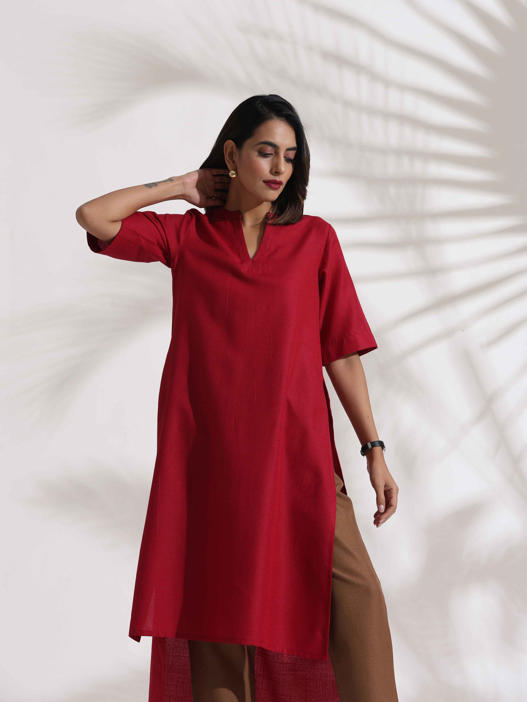 trueBrowns Maroon Slub Highslit Kurta Set | Grocsy