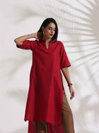trueBrowns Maroon Slub Highslit Kurta Set | Grocsy