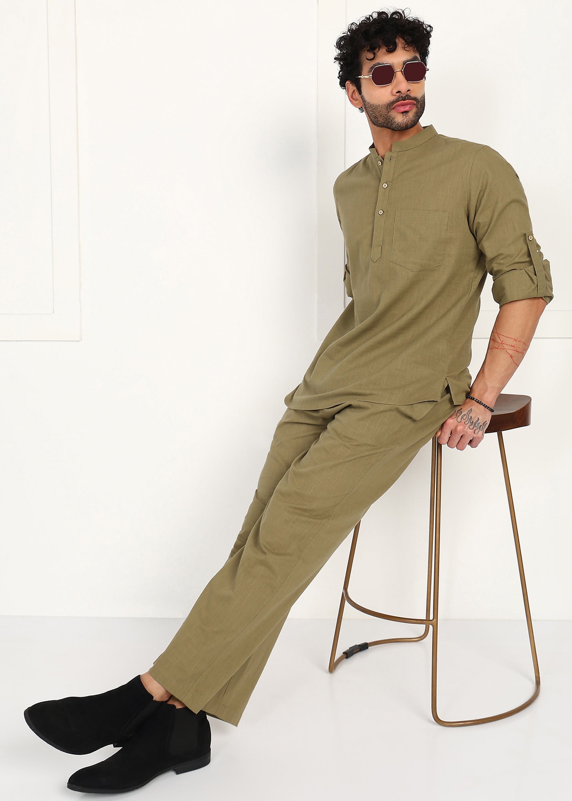 Fabmade Olive Dune Linen Short Kurta Co-Ord Set | Grocsy