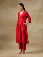 trueBrowns Maroon Textured Silk Overlap Pleat Kurta Pant Set | Grocsy