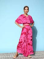 InWeave Women's Magenta Tie And Dye New Neckline Top Culottes Set | Grocsy