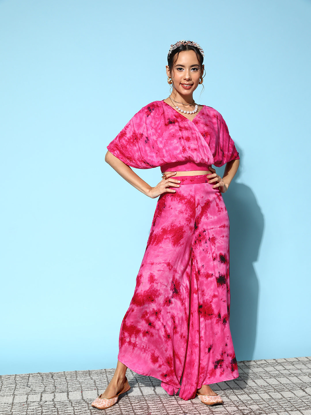 InWeave Women's Magenta Tie And Dye New Neckline Top Culottes Set | Grocsy