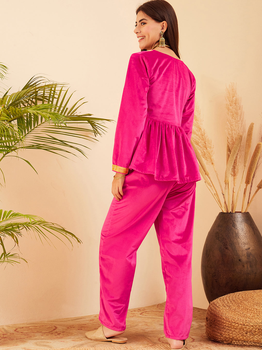 InWeave Women's Magenta Mughal Shaan Style Velvet Short Kurta Set | Grocsy