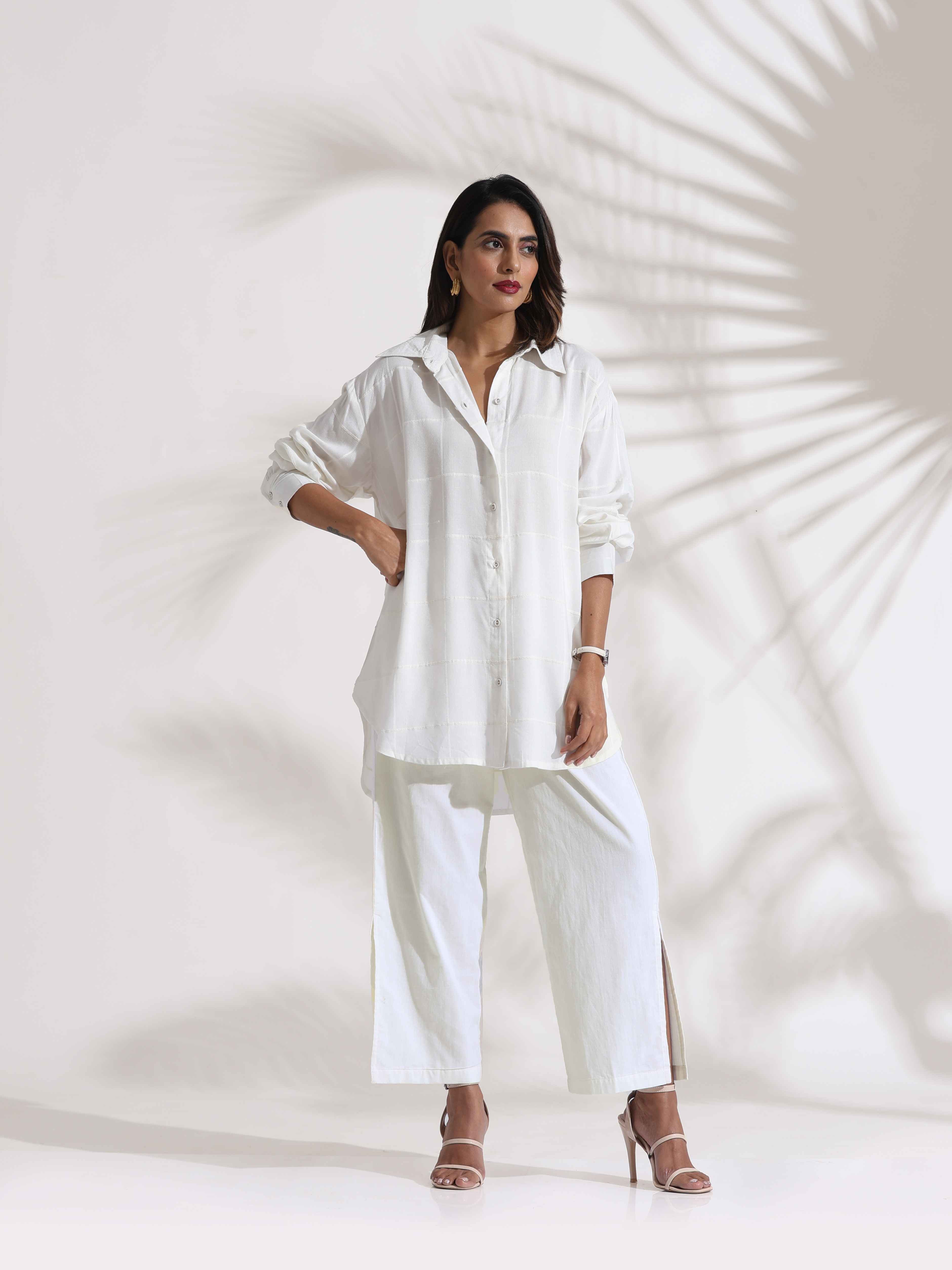 trueBrowns White Cotton Check Shirt Co-ord Set | Grocsy