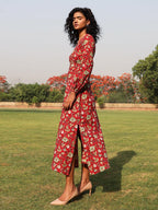 trueBrowns Red Cotton Block Print Backless Dress | Grocsy
