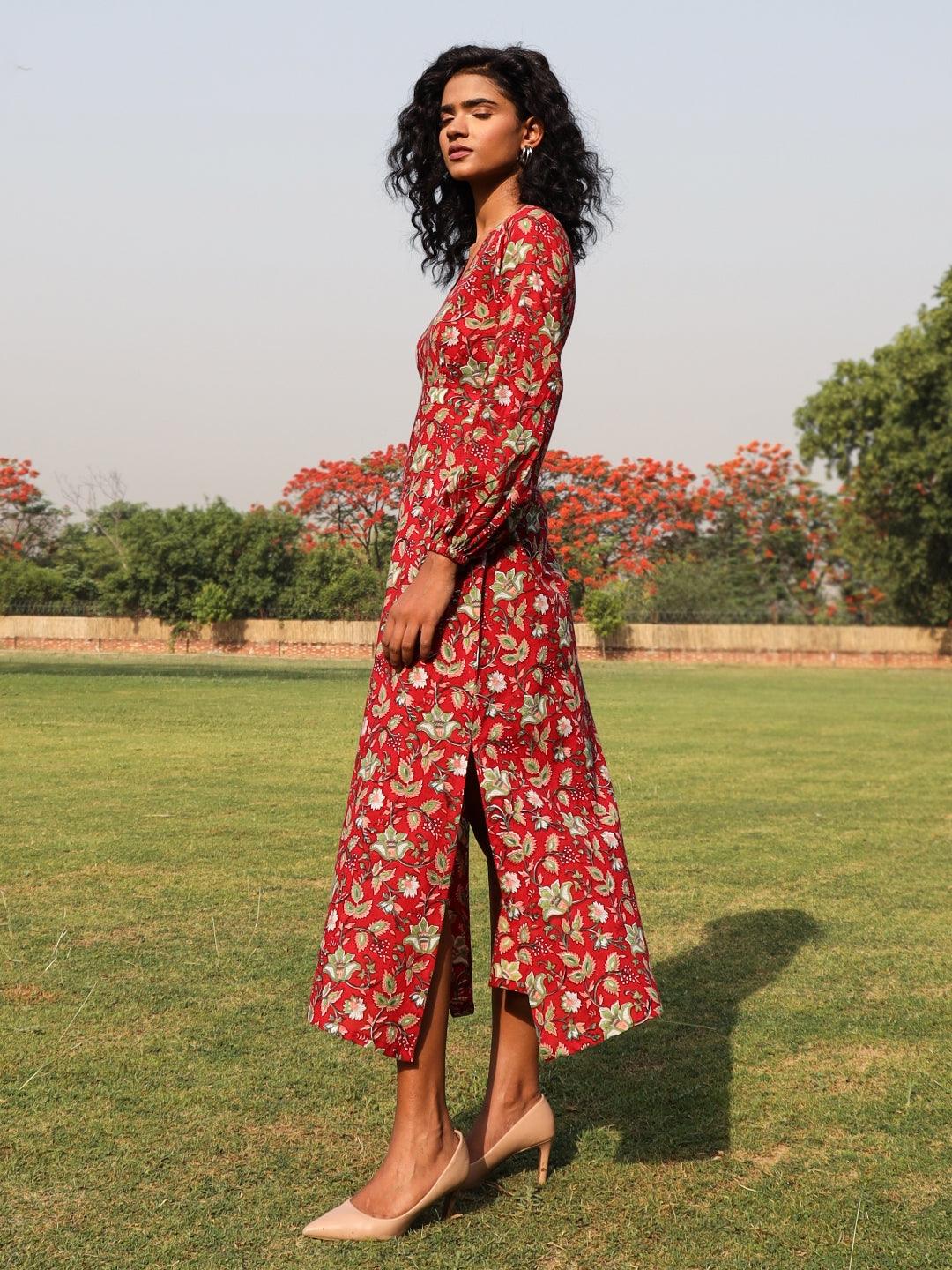 trueBrowns Red Cotton Block Print Backless Dress | Grocsy