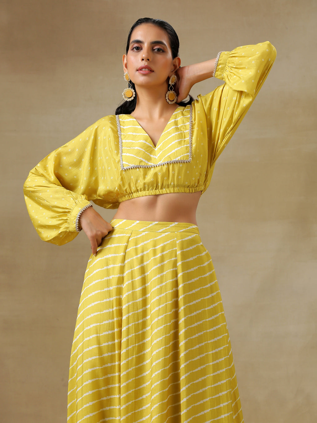 trueBrowns Lime Green Bandhani Printed Silk Top Skirt Set | Grocsy