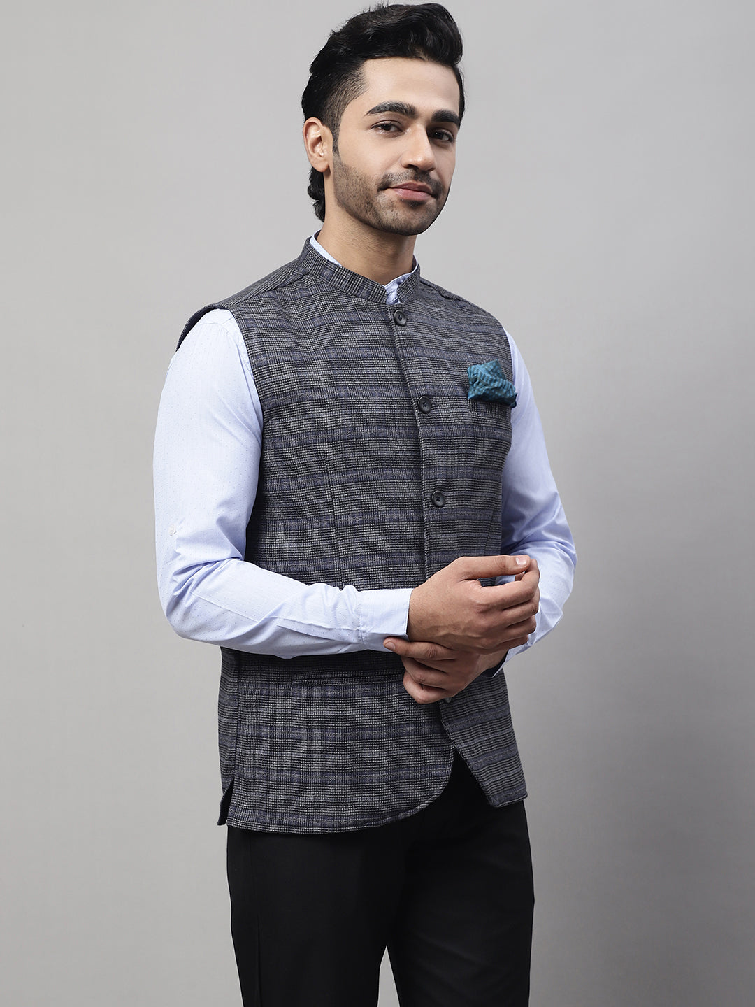 Even Apparels Men's Grey Nehru Jacket With Welt Pockets | Grocsy
