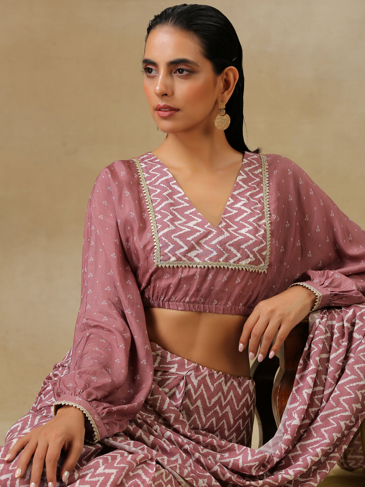 trueBrowns Dark Mauve Bandhani Printed Silk Elasticated Blouse | Grocsy