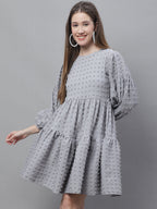 Jainish Women's Peach Self Design Tiered Dress | Grocsy