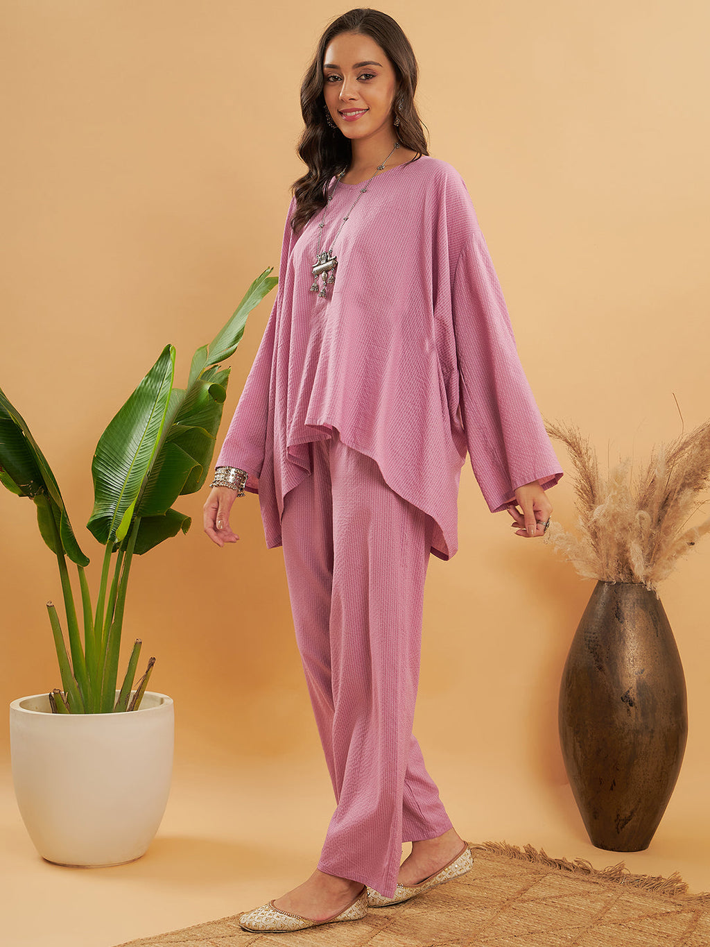 InWeave Women's Mauve Kantha Boho Full Sleeve Coord Set | Grocsy