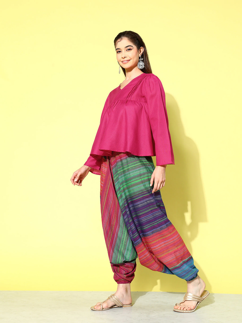 InWeave Women's Magenta Top With Multi Clr Harem Set | Grocsy