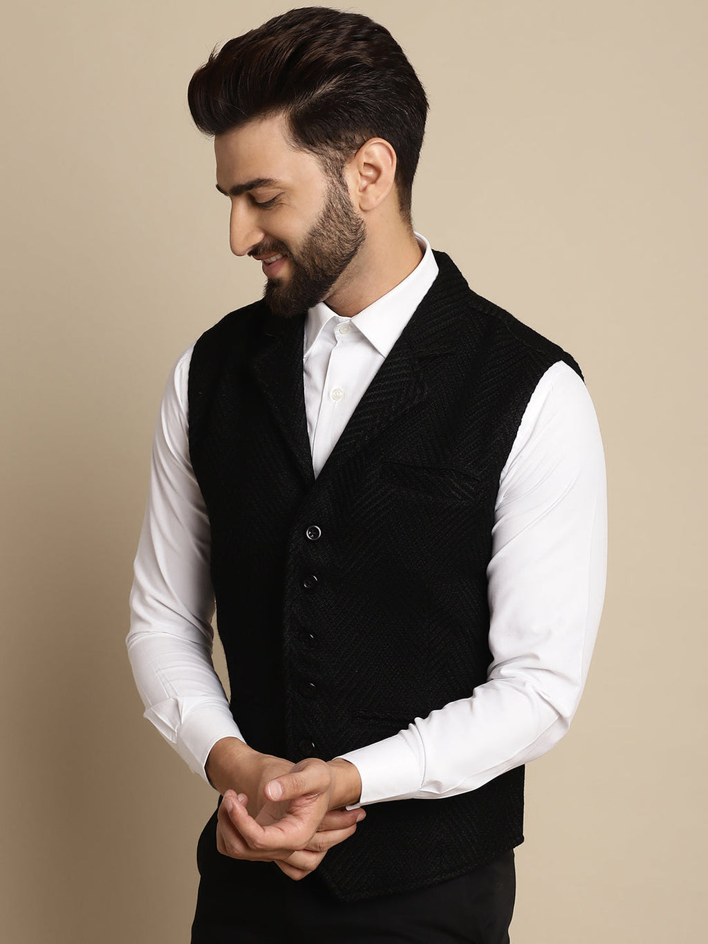 Even Apparels Men's Black Wool Waistcoat with Notched Lapel | Grocsy